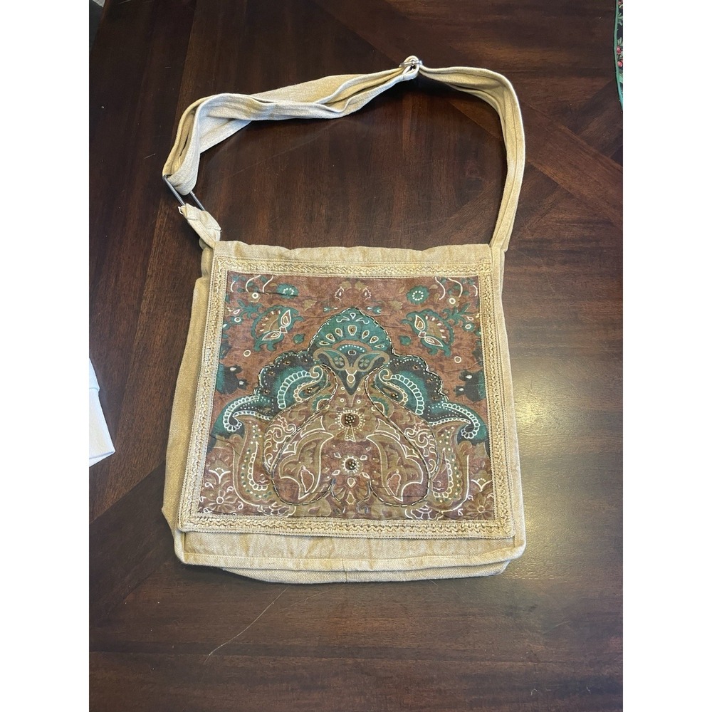EARTHBOUND Beige Crossbody Bag with Teal and Brown Embroidered Front